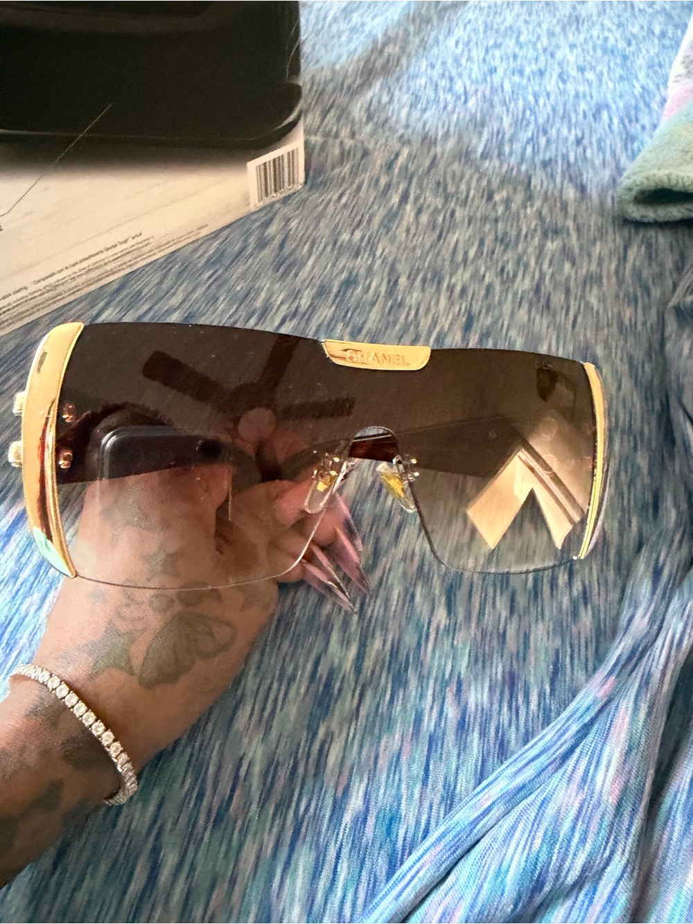 CHANEL Brown Shield Sunglasses with Gold Trim